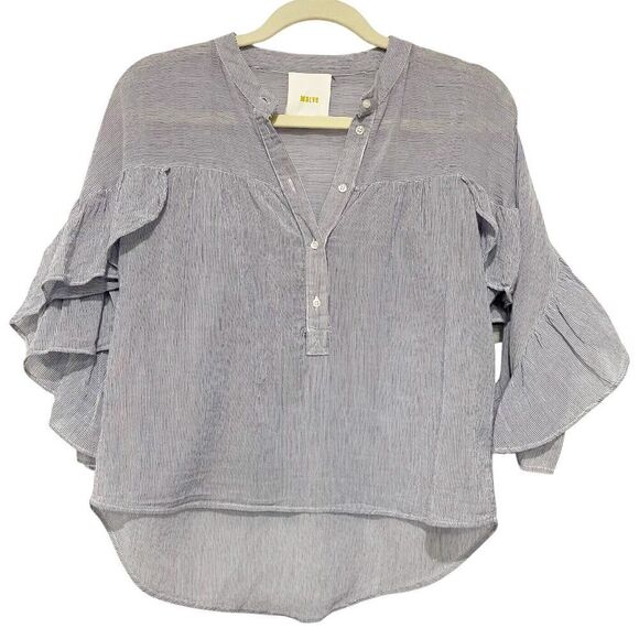 Anthro Mave Women's Blue Stripped Pull Over Ruffled Sleeves XS P Boho Preppy - Picture 1 of 10